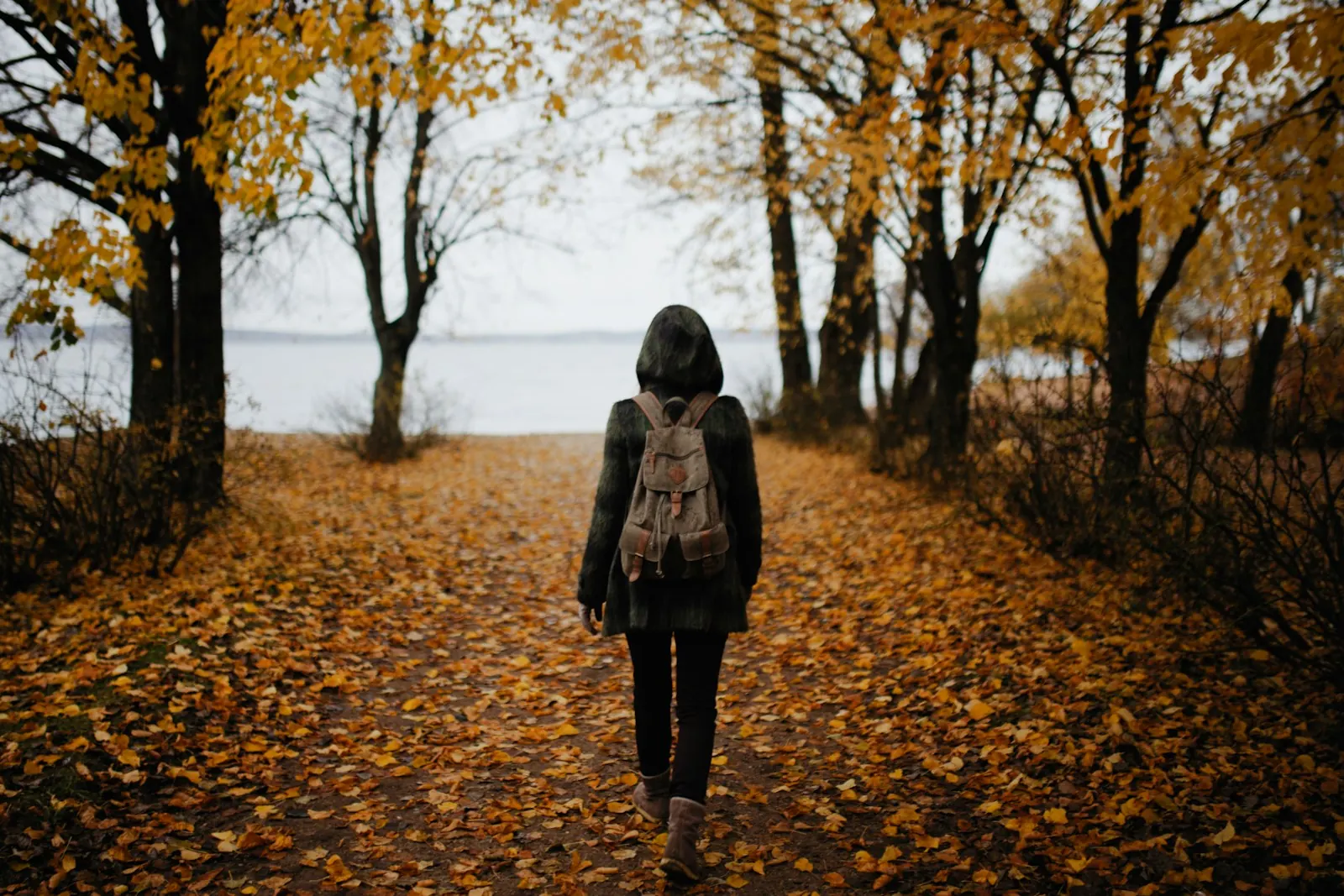 Woman walking alone along a leaf-covered autumn path