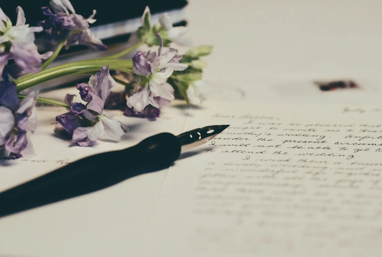 Handwritten love letter with a fountain pen and purple flowers